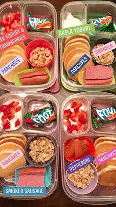 four plastic containers filled with different types of food