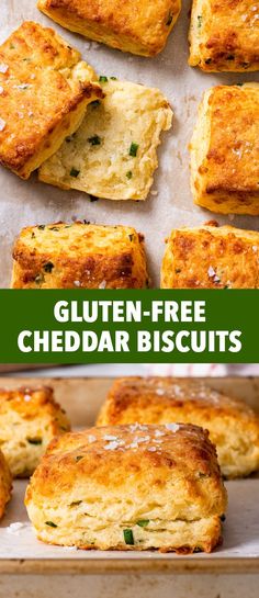 cheddar biscuits with text overlay that reads gluten - free cheddar biscuits