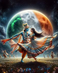 an image of two people dancing in front of a full moon and the earth behind them