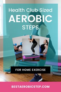 the health club sized aeroic steps for home exercise is featured in this postcard