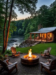 an outdoor fire pit with chairs around it