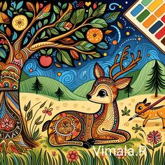 a painting of two deer sitting in the grass under a tree with fruit on it