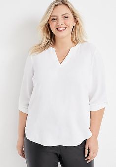 Plus Size Atwood 3/4 Sleeve Popover Blouse | maurices Scanlan Theodore, Fashion Australia, Blouson Sleeve, Plus Size Formal, Shirt Blouses Tops, Seed Heritage, Women Shirts Blouse, Formal Shirts, Mixing Fabrics