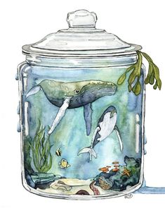 a painting of two humpbacks swimming in a jar filled with seaweed