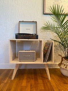 an old radio sitting on top of a wooden shelf next to a potted plant