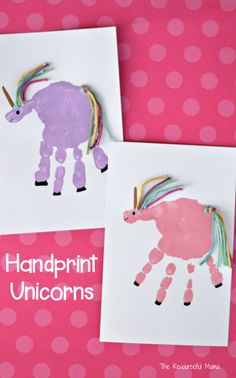 two handprint unicorns are shown on pink and white paper with polka dots in the background