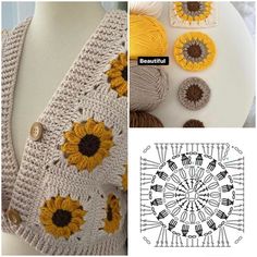 crocheted sunflowers are on display next to yarn