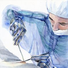 a watercolor painting of a man cutting something with scissors and wearing a surgical mask