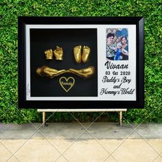 a black and gold framed photo with two baby castings in front of a green wall