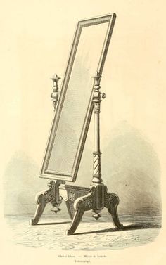 an antique drawing of a mirror on a stand