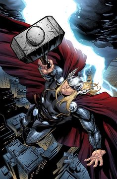 thor is flying through the air with his hammer in his hand and lightning behind him