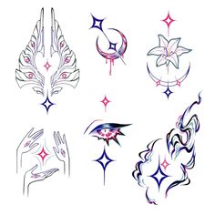 several different types of tattoos on a white background with stars and crescents in the middle