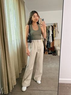 Tan Loose Pants Outfit, Tailored Pants Casual Outfit, Linen Trousers Outfit Work, Abercrombie Sloan Tailored Pant, Styling Tailored Pants, Nice Pants Outfit, How To Style Tan Trousers, Ecru Wide Leg Pants Outfit, Spring Outfits Trousers