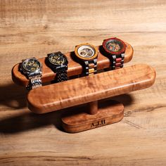 Do you leave your watches loosely spread about? They deserve better! Display your watch collection with pride using this hardwood stand. The smooth dowel with flat spot allows your watches to rest naturally at an incline, perfect for viewing on a desk, dresser, or shelf. Easily fits 4 watches. The natural walnut brings attention to your watches with elegant style. Each piece is painstakingly finished with semi-gloss lacquer to protect the wood for years to come!  Adjustable rests allow you to po Solar Watch, Watch Stand, Desk Dresser, Watch Display, Adjustable Jewelry, Deserve Better, Natural Walnut, Jewellery Storage, Watch Box