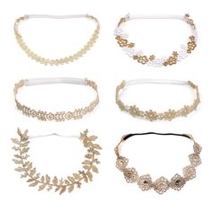 four different types of headbands with pearls and leaves on each side, all in various colors