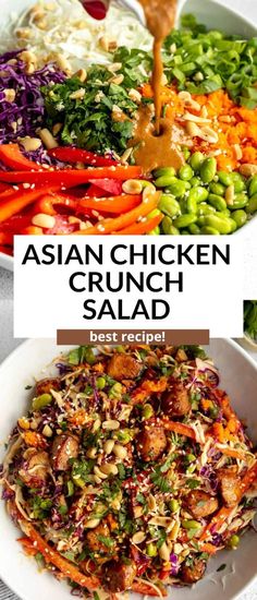 This asian chicken crunch salad is easy to make, high protein, gluten free and perfect for a simple meal prep lunch recipe. This chicken crunch salad has a simple peanut dressing and is so healthy and flavorful with edamame, veggies and sesame chicken. Simple Meal Prep Lunch, Simple Meal Prep, High Protein Gluten Free, Salad Buffet, Protein Gluten Free, Crunch Salad, Meal Prep Lunch, Prep Lunch, Peanut Dressing
