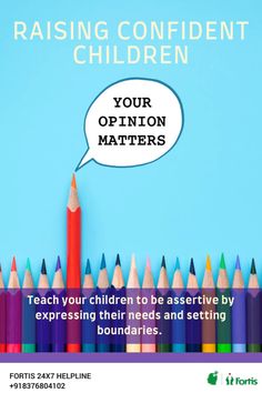 a blue background with colored pencils and a speech bubble that says raising confident children your opinion matters