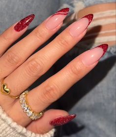 Sparkling Red French Tip Nails, Red Almond Glitter Nails, Red Sparkle French Tip Nails Almond, Red Prom Nails Acrylic Almond, Almond Red Christmas Nails, French Red Nails Ideas, Red French Tip Nails Almond Christmas, Red And Black Nails Almond Shape, Red Nye Nails