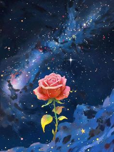 a painting of a pink rose in the sky with stars and planets around it,