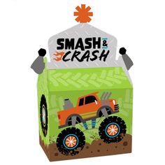 a green box with a monster truck on it and the words smash and crash written in black