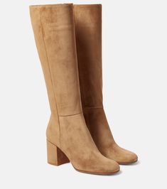 Suede Knee High Boots in Beige - Gianvito Rossi | Mytheresa Brown Boots, Camel Colored Boots, Light Brown Boots, Suede Knee High Boots, Mid Heel Boots, Brown Accessories, Rossi Shoes, Suede Boots Knee High, Suede Ankle Boots