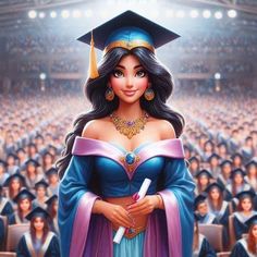 a painting of a woman wearing a graduation gown and holding a diploma in front of a large crowd