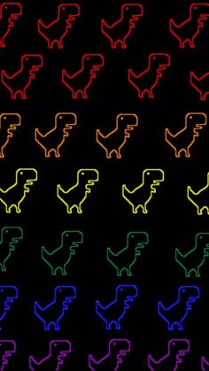 neon colored dinosaur silhouettes against a black background, all in the same color scheme