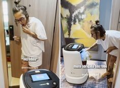 the woman is using an automated device to check her skin