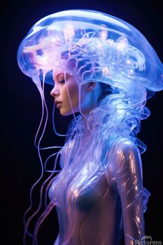 a woman wearing a jellyfish costume in front of a black background with lights on her head