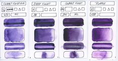 three different shades of watercolor on paper with the words violet written in white ink