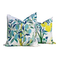 two blue and green pillows with lemons on them