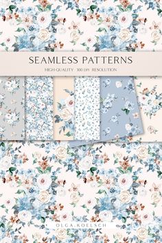 seamless floral patterns with blue and white flowers