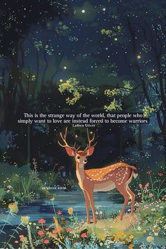 a deer standing in the middle of a forest under a night sky with stars above it