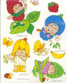 various stickers with children's pictures and flowers on them, all in different colors