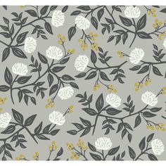 a gray and white wallpaper with flowers on it