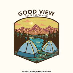 the good view logo with two tents in front of a mountain lake and trees at sunset