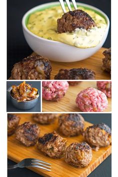 meatballs are being cooked and served in bowls, with sauce on the side as well