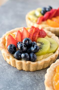 fruit tarts are arranged on top of each other