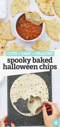 the recipe for spooky baked halloween chips is shown in front of tortilla chips