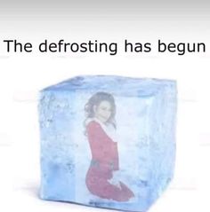 an ice cube with the image of a woman in red on it and text that reads, the defrosting has begun
