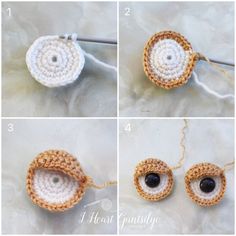 four pictures showing how to crochet an eyeball