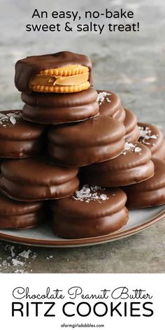chocolate peanut butter ritz cookies stacked on top of each other with text overlay reading an easy, no - bake sweet & salty treat