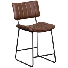 a brown leather and metal bar stool with black frame legs, on an isolated white background