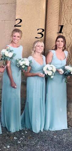 the bridesmaids are wearing different styles of dresses