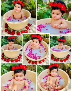 a collage of photos showing a baby in a tub with flowers on it's head