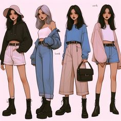 Drawing Casual Outfits, Casual Clothes Design Drawing, Anime Convention Outfits Casual, Cute Outfit Drawing Reference, Anime Outfits Casual Drawing, Casual Outfits Anime, Art Outfits Aesthetic, Anime Fashion Outfits Inspiration, 90s Female Fashion