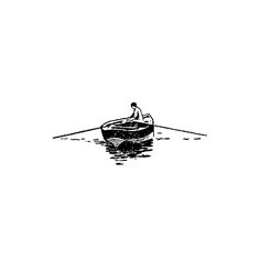 a drawing of a man rowing a boat on the water with his oar in hand