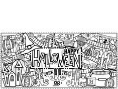 a black and white halloween coloring page with the words happy halloween written in large letters