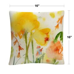 a yellow and orange pillow with watercolor flowers on the front, measurements for each pillow