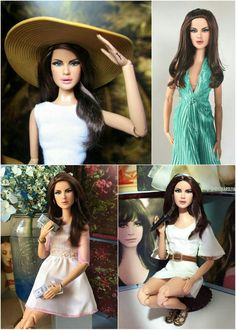 four photos of barbie dolls in different outfits and hair styles, one is wearing a hat while the other wears a dress